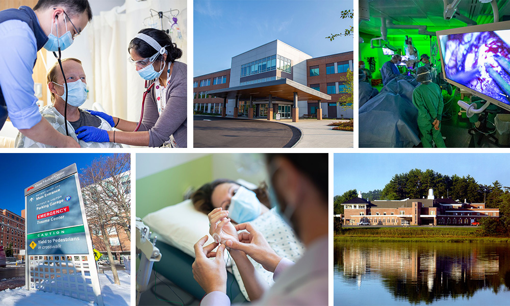 Collage of healthcare images: visits with patients, surgical suite, exterior of MaineHealth practices